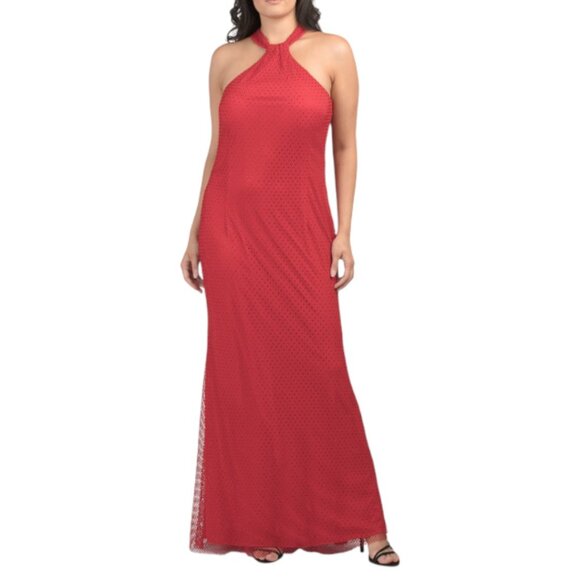 BETSY & ADAM Red Mesh Gown With Halter Neck - Picture 1 of 2